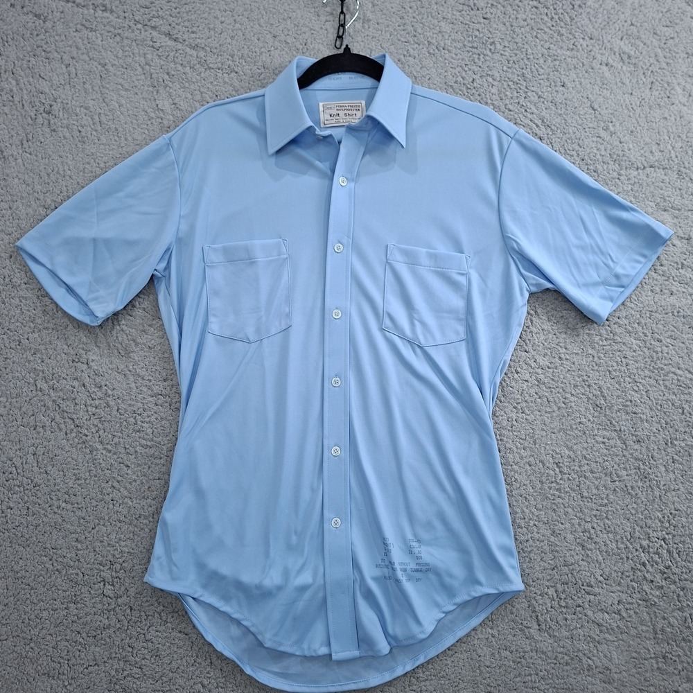 Vintage 70s Sears Perma Prest Shirt MEDIUM‎ Blue Bowling Collar Short Sleeve